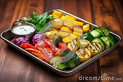 colorful grilled veggies in a rustic metal tray on an old wooden table Stock Photo