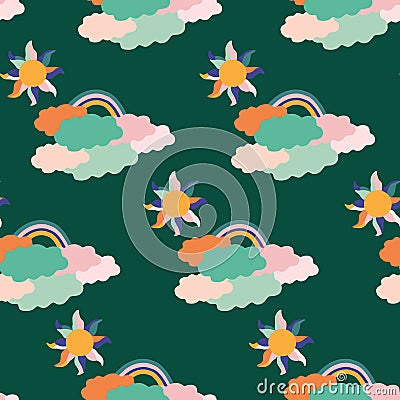 Colorful groovy clouds, sun and rainbow, in a seamless pattern design Stock Photo