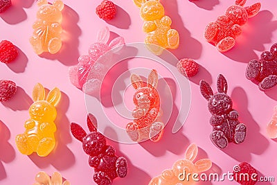 Colorful gummy bunnies scattered with a dusting of sugar on a playful pink background Stock Photo