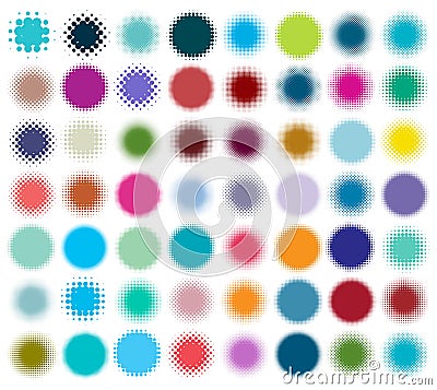 Colorful halftone vector pattern, texture design element set, collection. Circles, dots, screentone illustration. Freckle, stipple Vector Illustration