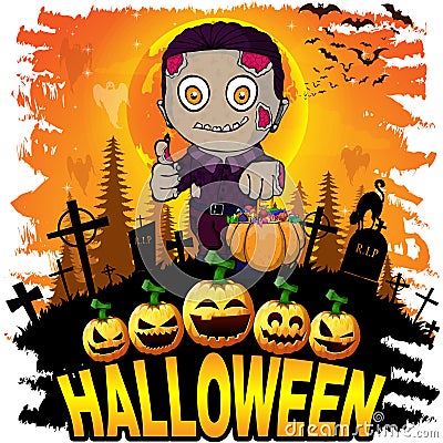 Colorful halloween cartoon greeting card with scary zombies. Vector Illustration