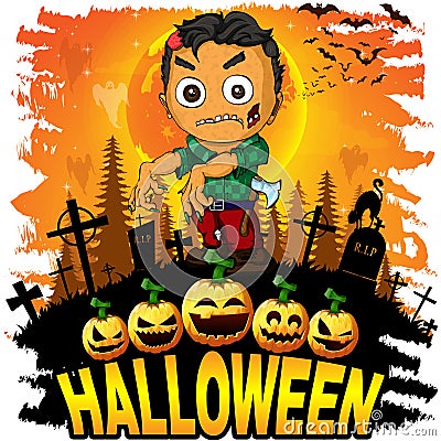 Colorful halloween cartoon greeting card with scary zombies. Vector Illustration
