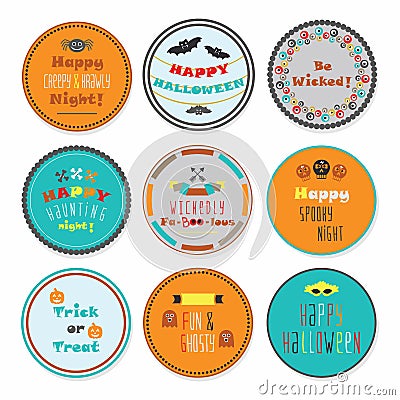 Colorful Halloween circle labels set with some messages on white background Vector Illustration