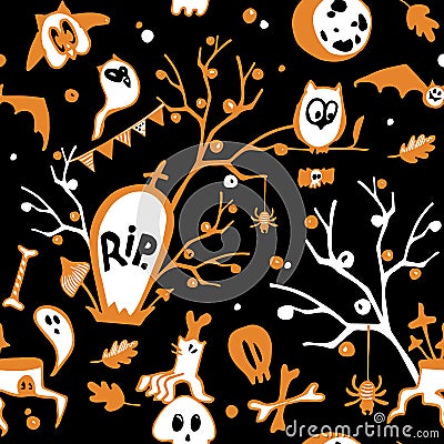 Colorful Halloween seamless vector dark background with owls, ghosts, bats, spiders, skulls and trees. Vector Illustration