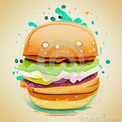 Colorful hamburger stylized illustration. Fast food logo. Hamburger icon. Digital illustration based on render by neural Cartoon Illustration