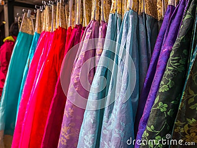 The colorful Hanbok, Korean traditional silk dress & ornaments for women.Rent for tourist. Stock Photo