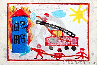 Drawing: red fire truck with a ladder. Firefighters extinguish a fire Stock Photo