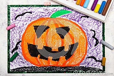 Colorful hand drawing: Scary Hallowen pumpkin. Stock Photo