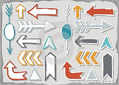 Colorful hand drawn arrow set isolated on gray Vector Illustration