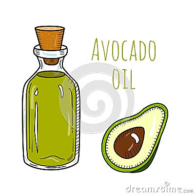 Colorful hand drawn avocado oil bottle Vector Illustration