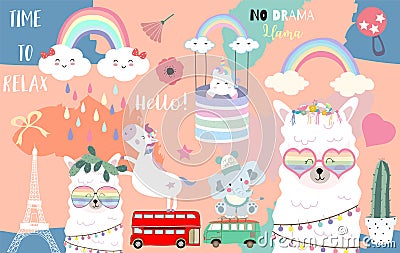 Colorful hand drawn cute card with llama, rainbow,unicorn,sloth,cloud,elephant,van.No drama llama Stock Photo