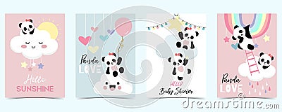 Colorful hand drawn cute card with rainbow,cloud,panda and rain.Hello sunshine Vector Illustration