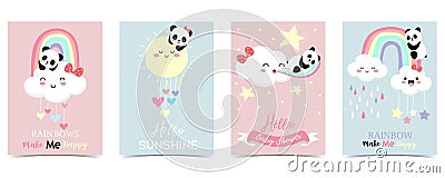 Colorful hand drawn cute card with heart,cloud,panda and rain.Rainbow make me happy Vector Illustration