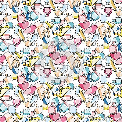 Colorful hand drawn cute perfume bottles seamless vector pattern Vector Illustration