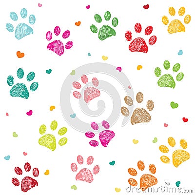 Colorful hand drawn doodle paw print with hearts vector Vector Illustration