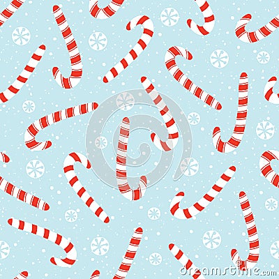 Colorful Hand Drawn Holiday Christmas and New Year Candy Canes and White Snowflakes Vector Seamless Pattern Vector Illustration