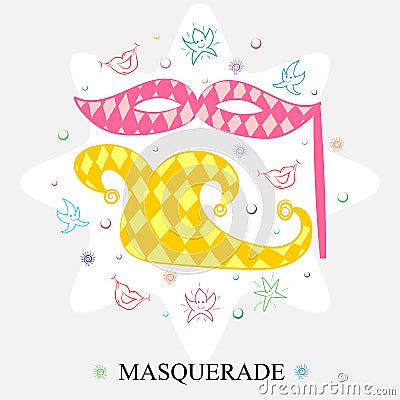 Colorful Hand Drawn Mask, Shoe, Stars and Lips Arranged in a Circle. Doodle Masquerade Symbols. Vector Illustration