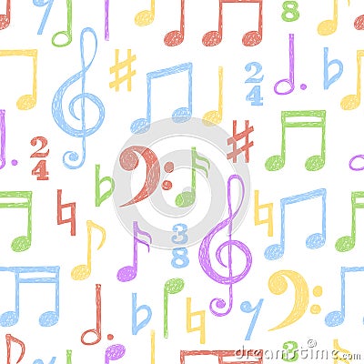 Colorful hand drawn music notes seamless pattern. Vector Illustration