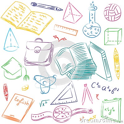 Colorful Hand Drawn School Symbols. Children Drawings of Ball, Books,Pencils, Rulers, Flask, Compass, Arrows. Vector Illustration