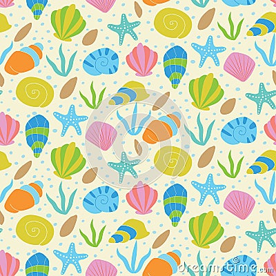 colorful hand drawn seashells and starfish, stones, sea plants and little bubbles seamless pattern Vector Illustration