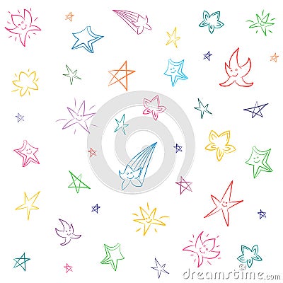 Colorful Hand Drawn Set of Stars. Children Drawings of Funny Stars. Sketch Style. Vector Illustration