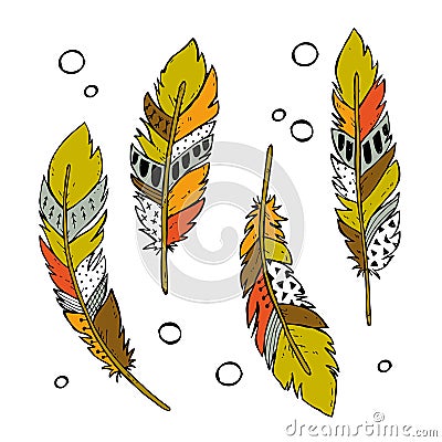 Colorful hand drawn tribal feathers Vector Illustration