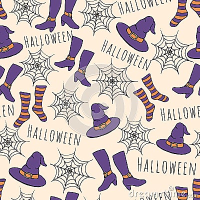 Colorful hand drawn vector halloween seamless pattern. Includes witches hat, stockings, shoes and spider webs. Vector Illustration