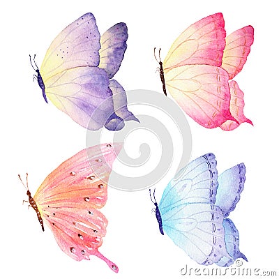 Colorful hand drawn watercolor butterfly collection. Ideal for invitations, cards, wallpapers, printing on fabric. Stock Photo