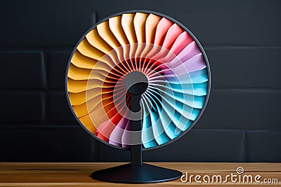 a colorful hand fan resting on a modern, sleek electric fan Stock Photo