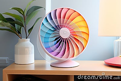 a colorful hand fan resting on a modern, sleek electric fan Stock Photo