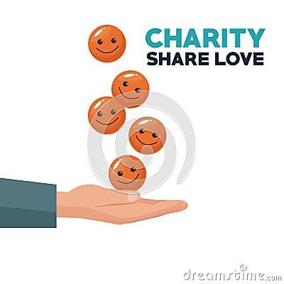 Colorful hand with floating coins in form of happy face floating charity share love Vector Illustration