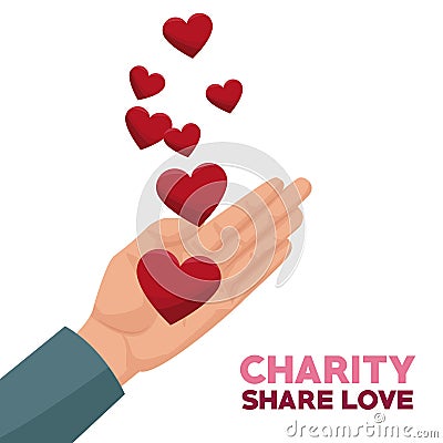 Colorful hand with floating hearts charity share love Vector Illustration