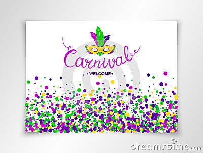 Colorful hand lettering Welcome Carnival with masquerade mask isolated on white background. Vector banner Vector Illustration