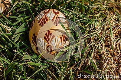 Colorful hand painted Easter eggs. Easter eggs in spring green grass.Happy Easter.Spring festive symbols.Holiday Still life photo. Stock Photo