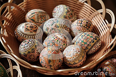 Colorful hand painted Easter Eggs in a wicker bowl. Egg decorating in Slavic culture Stock Photo