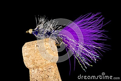 Colorful Hand Tied Fishing Flies Displayed on Champagne Cork 7 Stock Photo