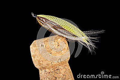 Colorful Hand Tied Fishing Flies Displayed on Champagne Cork 1 Stock Photo