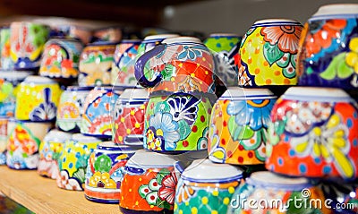 Colorful handmade ceramic cups Stock Photo