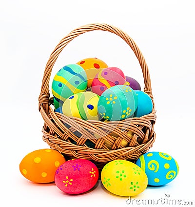 Colorful handmade easter eggs in the basket isolated on a white Stock Photo