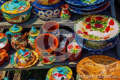 Colorful handmade porcelain pots and dishes Stock Photo