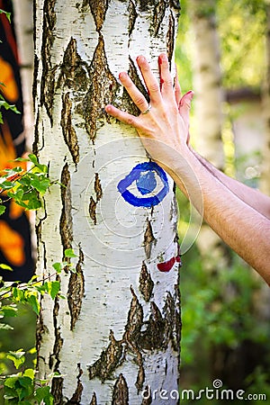 Colorful handprints on a birch tree Stock Photo