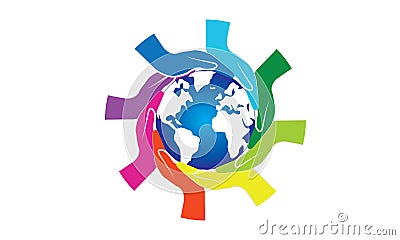 Colorful Hands Around of World and World Help Concept Vector Illustration