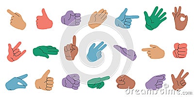 Colorful hands collection. Human arm and hand gestures, people gestures with fingers, point, shake, fist and hand sign Vector Illustration