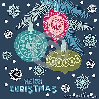 Colorful hanging Christmas balls. Merry Christmas and Happy New Year design. Vector Illustration