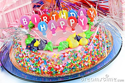 Colorful Happy Birthday Cake Stock Photo