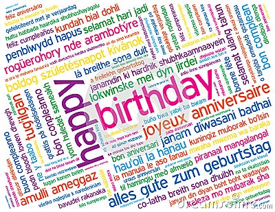 Colorful HAPPY BIRTHDAY card with translations into many languages Stock Photo