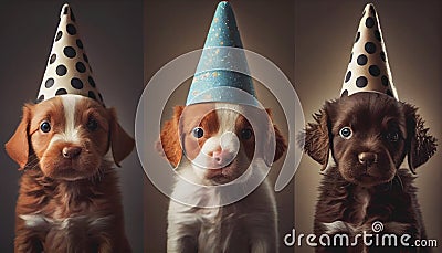 Happy puppy dogs wearing party hats celebrating Stock Photo