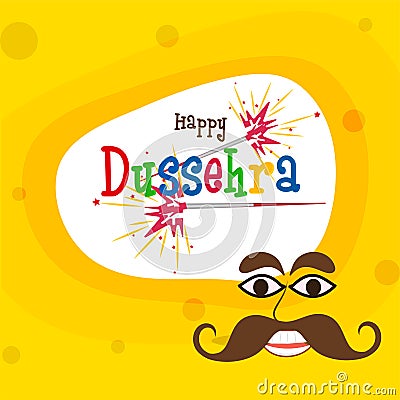 Colorful Happy Dussehra Font With Sparkling Sticks, Demon Ravana Face On White And Chrome Yellow Stock Photo