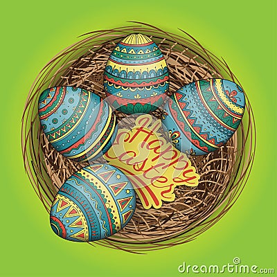 Colorful happy easter eggs set in nest, vector illustration. Vector Illustration