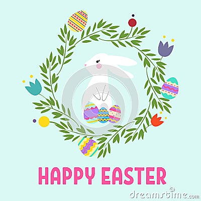 Colorful Happy Easter greeting card with flowers eggs and rabbit elements composition. Vector Illustration